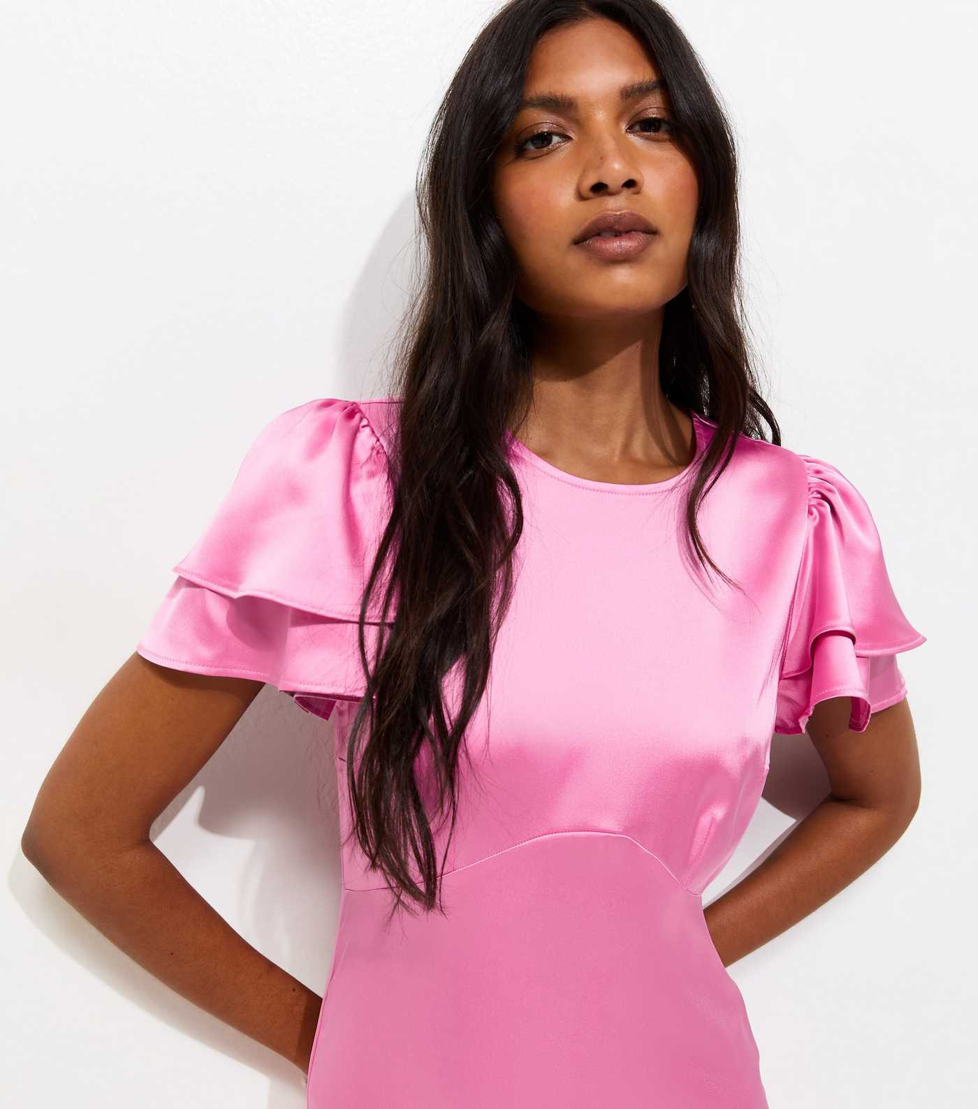 Bright Pink Satin Flutter Sleeve Midi Dress | New Look | New Look (UK)