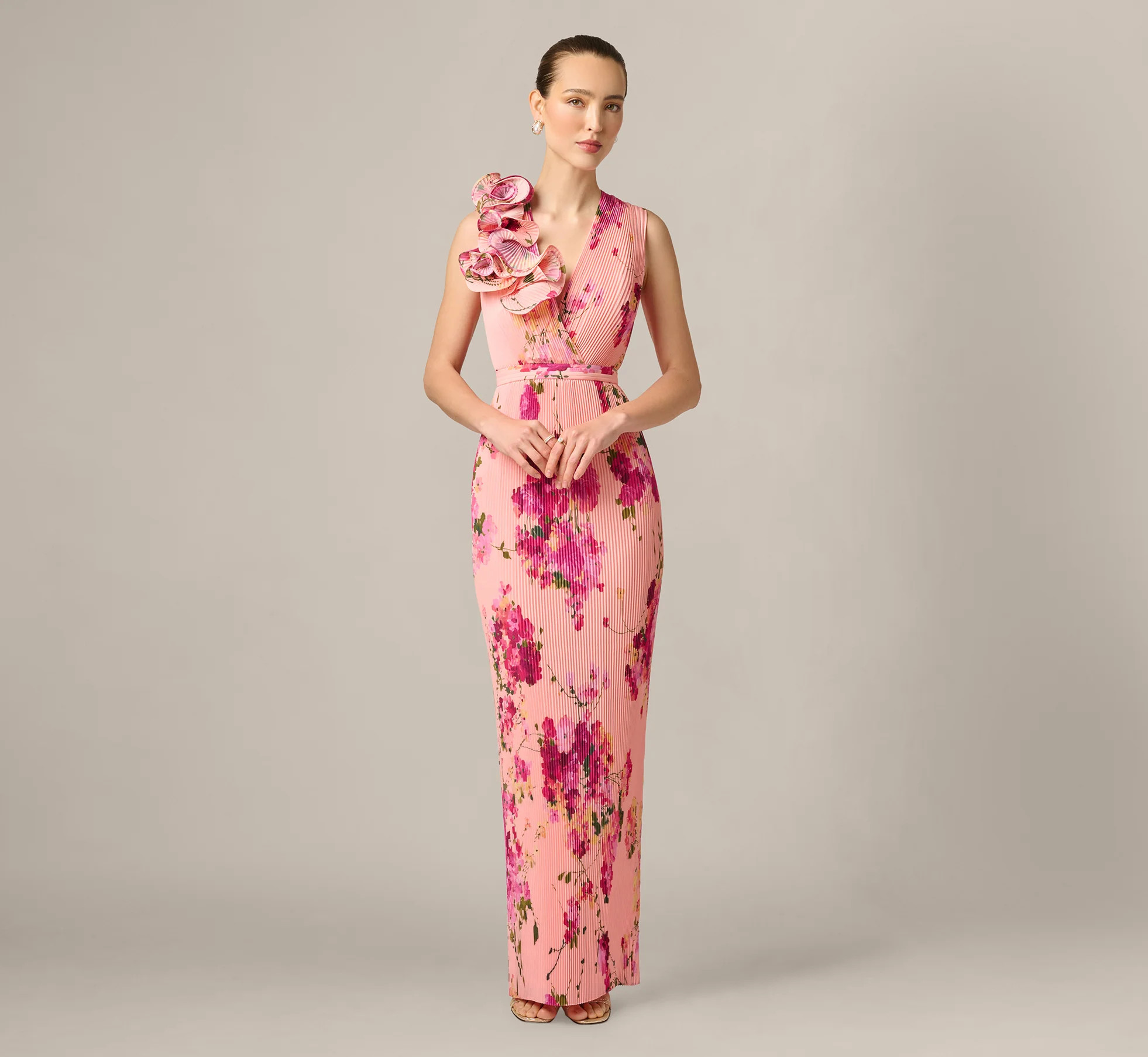 Multi Colored Floral Flounce Shoulder Pleated Gown - Adrianna Papell | Adrianna Papell
