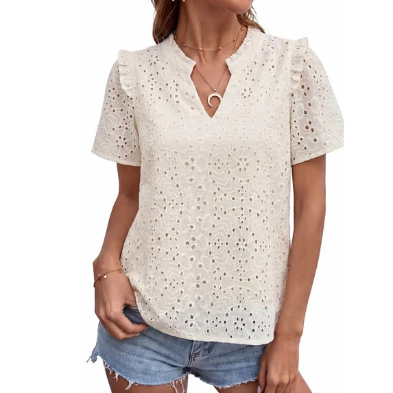 PRETTYGARDEN Women's V Neck Eyelet Short Sleeve Top, Sizes S-XXL | Walmart (US)