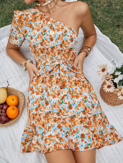 Allover Floral Print Ruffle Hem Belted One Shoulder Dress | SHEIN