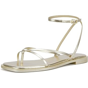 Amazon.com: DIFEMA Womens Flats Sandals Square Toe Strappy Ankle Strap Flats, LESLIE-GOLD-7 : Clo... | Amazon (US)