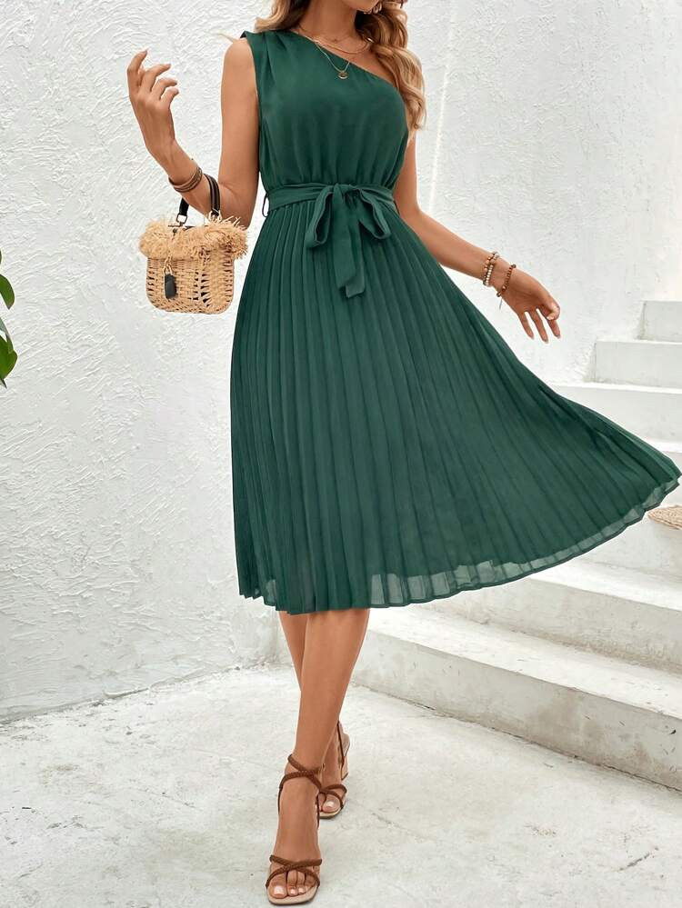 New
     
      One Shoulder Pleated Hem Belted Dress | SHEIN