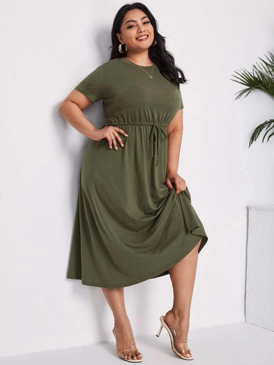 Plus Solid Drawstring Waist A-line Dress | SHEIN