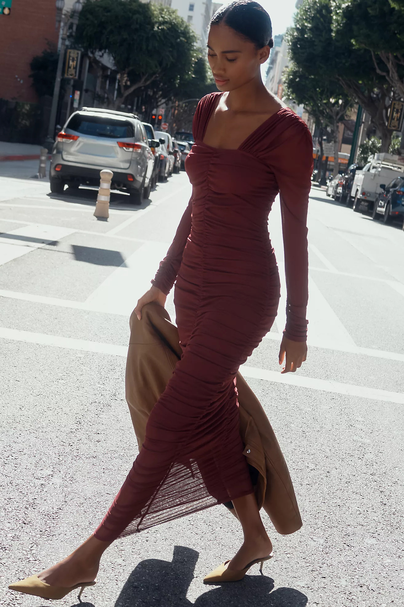 By Anthropologie Long-Sleeve Ruched Slim Midi Dress | Anthropologie (US)