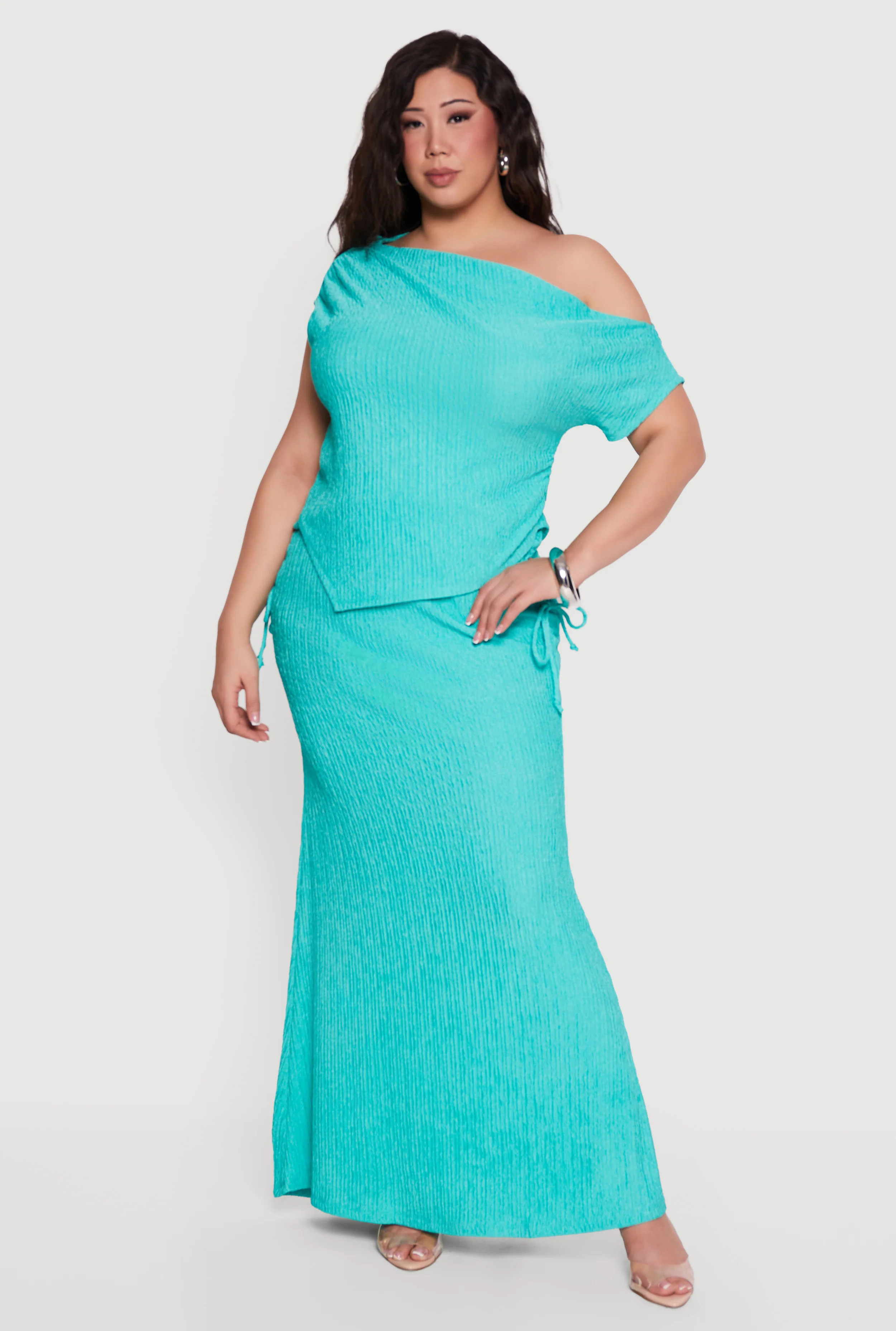 Plus Size Textured Knit Ruched High Waisted Maxi Skirt | Rainbow Shops