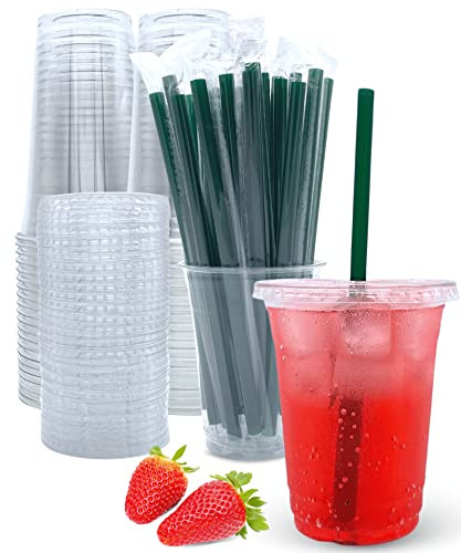 Aatriet 12 oz Clear Plastic Cups with Lids and Straws, Disposable Coffee Cups 25 Sets | Amazon (US)