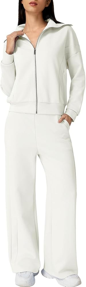QINSEN Women's Cotton 2 Piece Outfits Lapel Long Sleeve Zip Up Sweatshirt Wide Leg Pants Matching... | Amazon (US)
