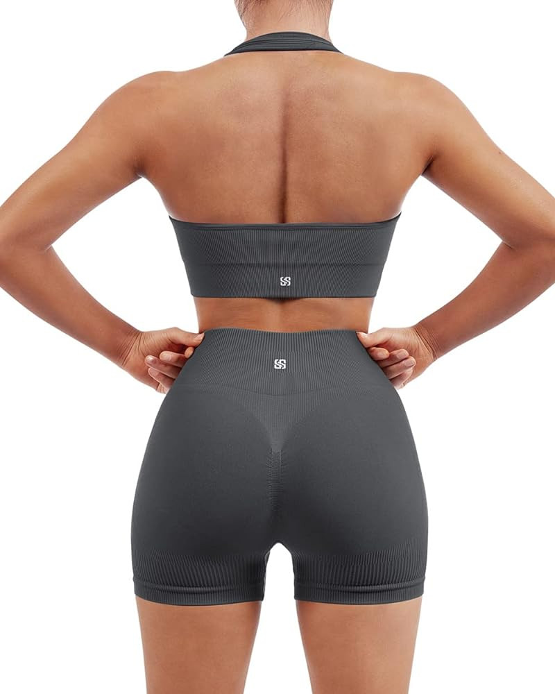 SUUKSESS Women Seamless Ribbed Workout Set Backless Sports Bra Booty Biker Short | Amazon (US)