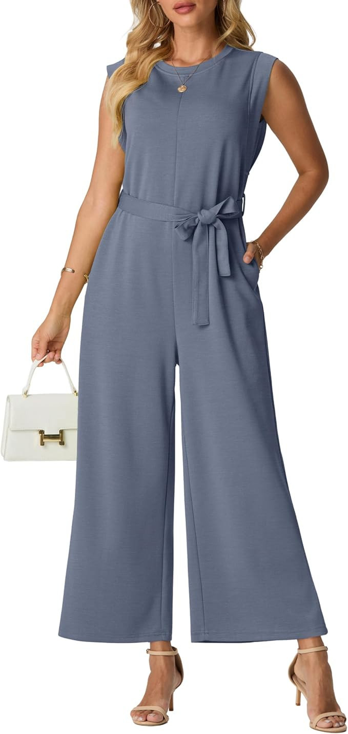 Lepunuo Jumpsuits for Women Dressy Casual Crewneck One Piece Overalls Wide Leg Jumpers Wrinkle-Fr... | Amazon (US)