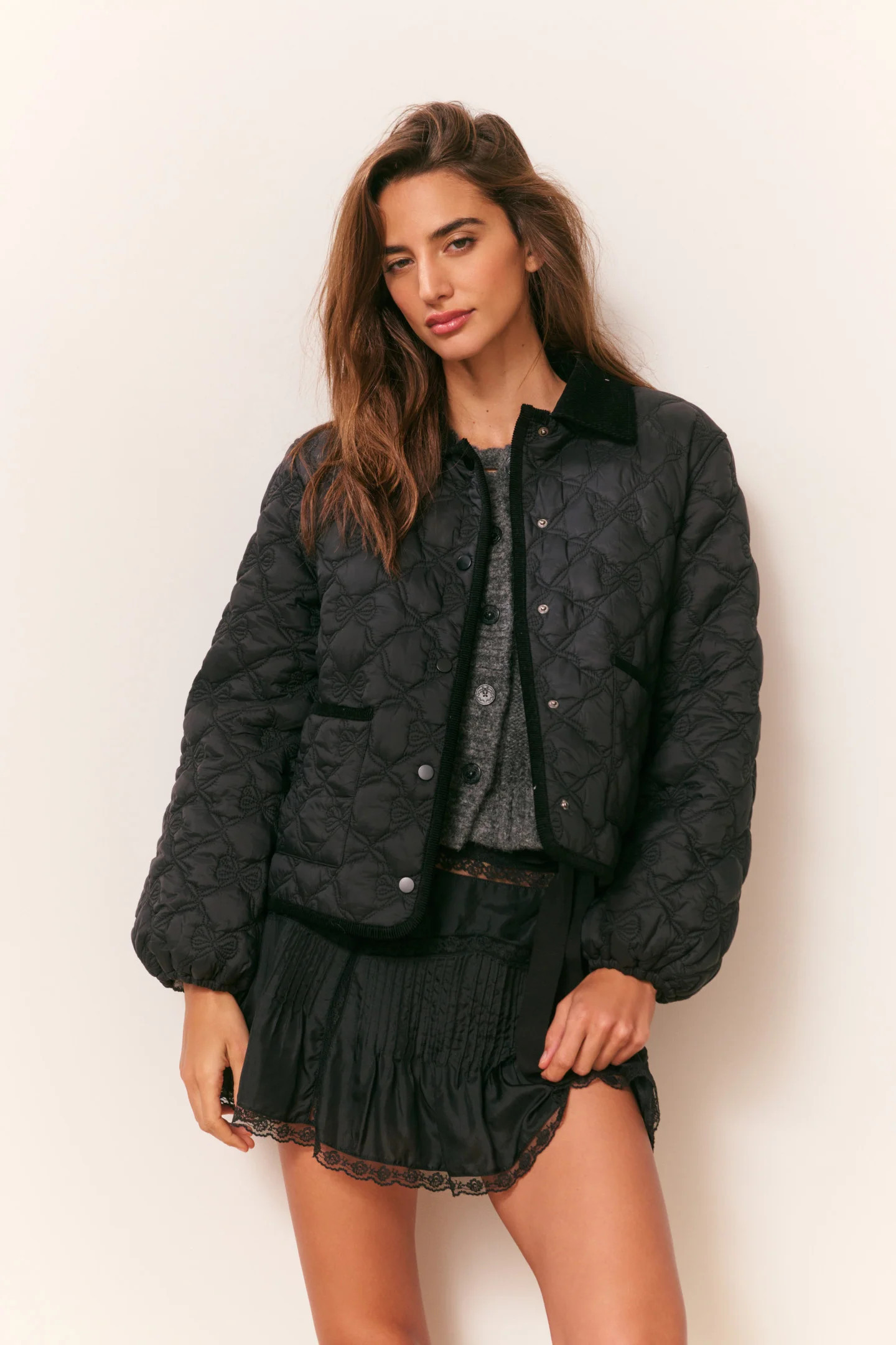 Quinlette Quilted Bow Jacket BLACK / S | LoveShackFancy