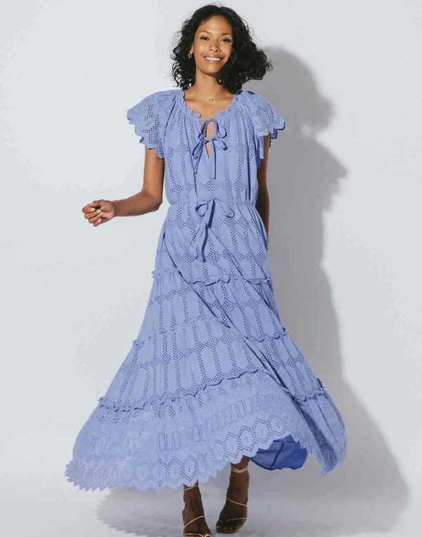 Periwinkle Ankle Dress with Eyelet Insets and Ruffles | Nifty