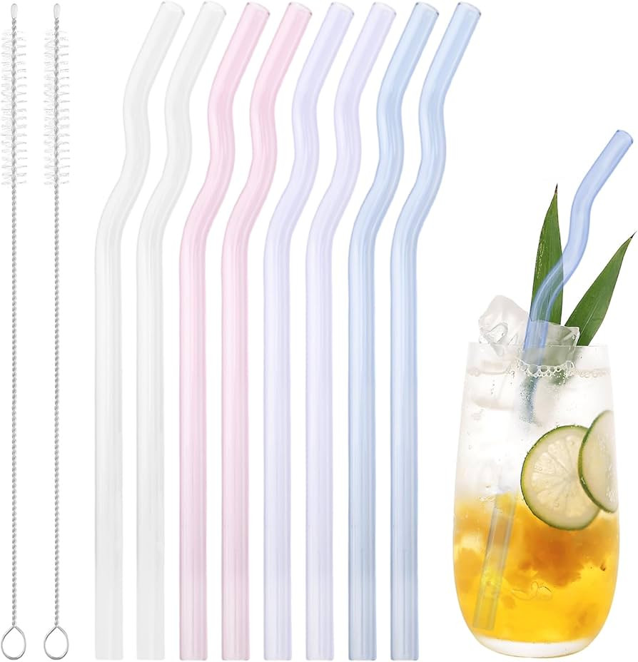 8 Pcs Reusable Wavy Glass Straws, Colorful Glass Straws Shatter Resistant 7.9" X 8mm Cute Drinkin... | Amazon (US)