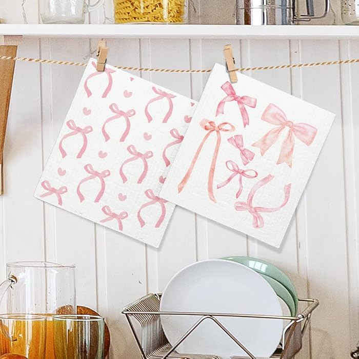 Amazon.com: Coquette Pink Bow Swedish Dishcloths 2 Pack, Reusable Cellulose Sponge Cloths for Kit... | Amazon (US)