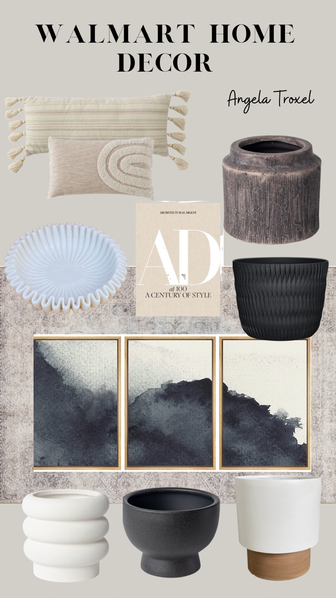 Walmart/ amazon home decor, living room decor, home decor, modern, Scandinavian, books, plants, pottery, pots, rugs, oriental, throw pillows, art, abstract, black, white, cream, beige, spring decor.

#LTKFind #LTKunder50 #LTKhome