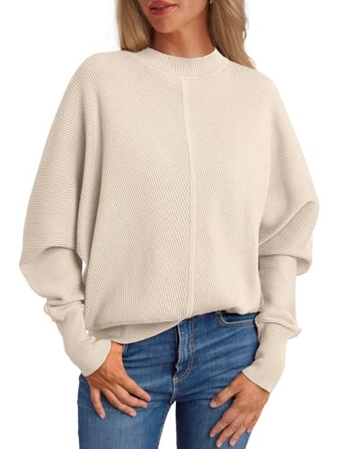 LILLUSORY Women's Beige Sweater Batwing Mock Turtleneck Casual Tops Winter Warm Chunky Knit Sweater | Amazon (US)
