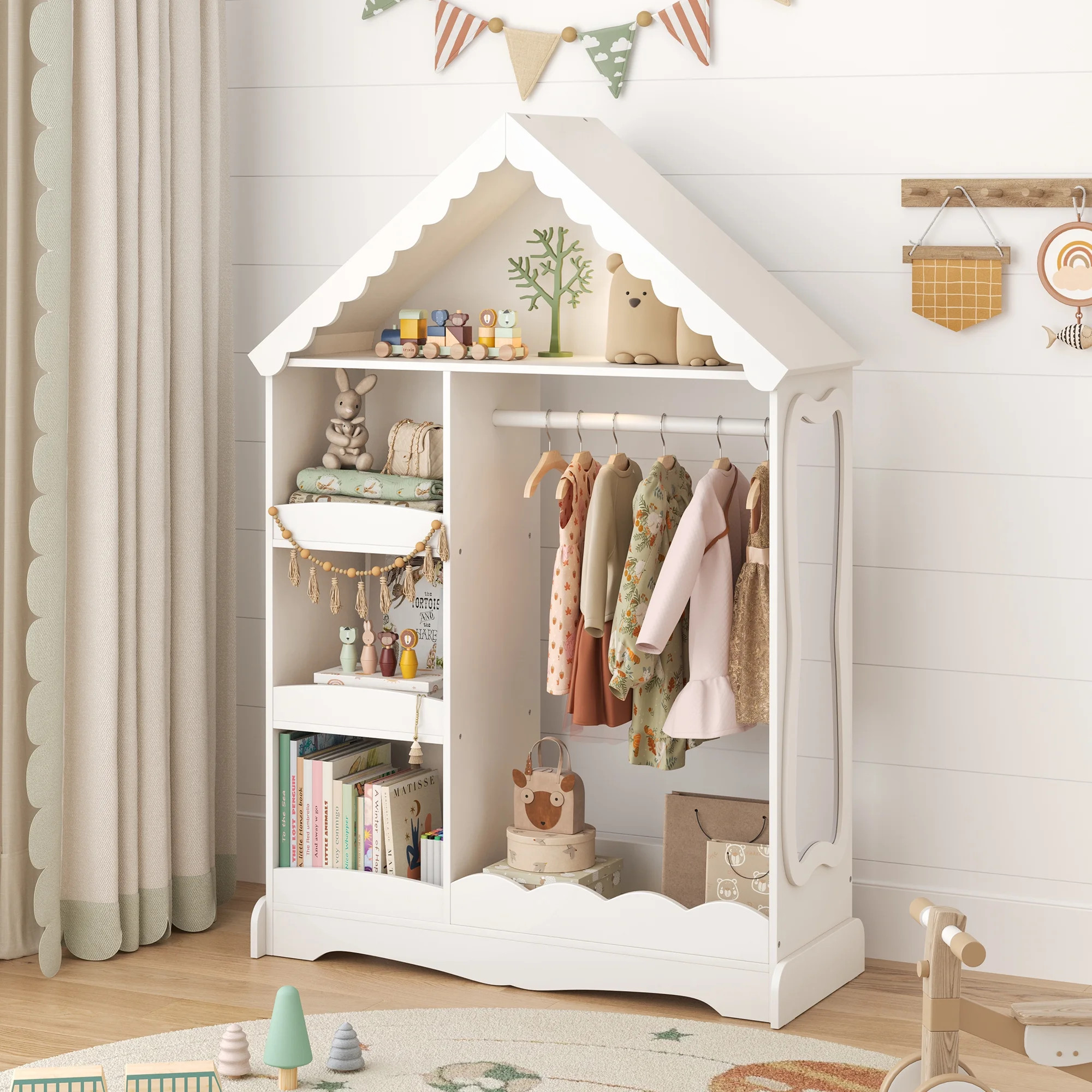 Curipeer Kids Dress Up Storage with Motion-Activated Light,Wood Armoire Wardrobe Closet with Mirr... | Walmart (US)