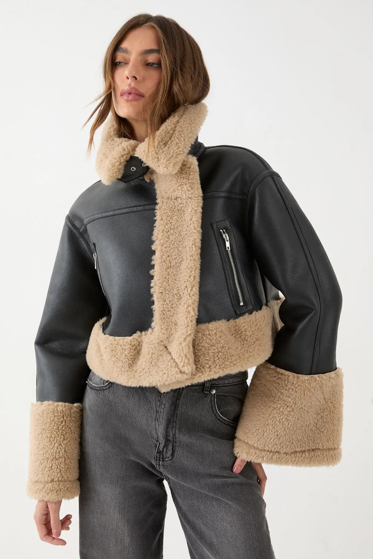 MissPap Pu Faux Fur Trim Aviator Jacket in Black at Nordstrom, Size 12 | Nordstrom