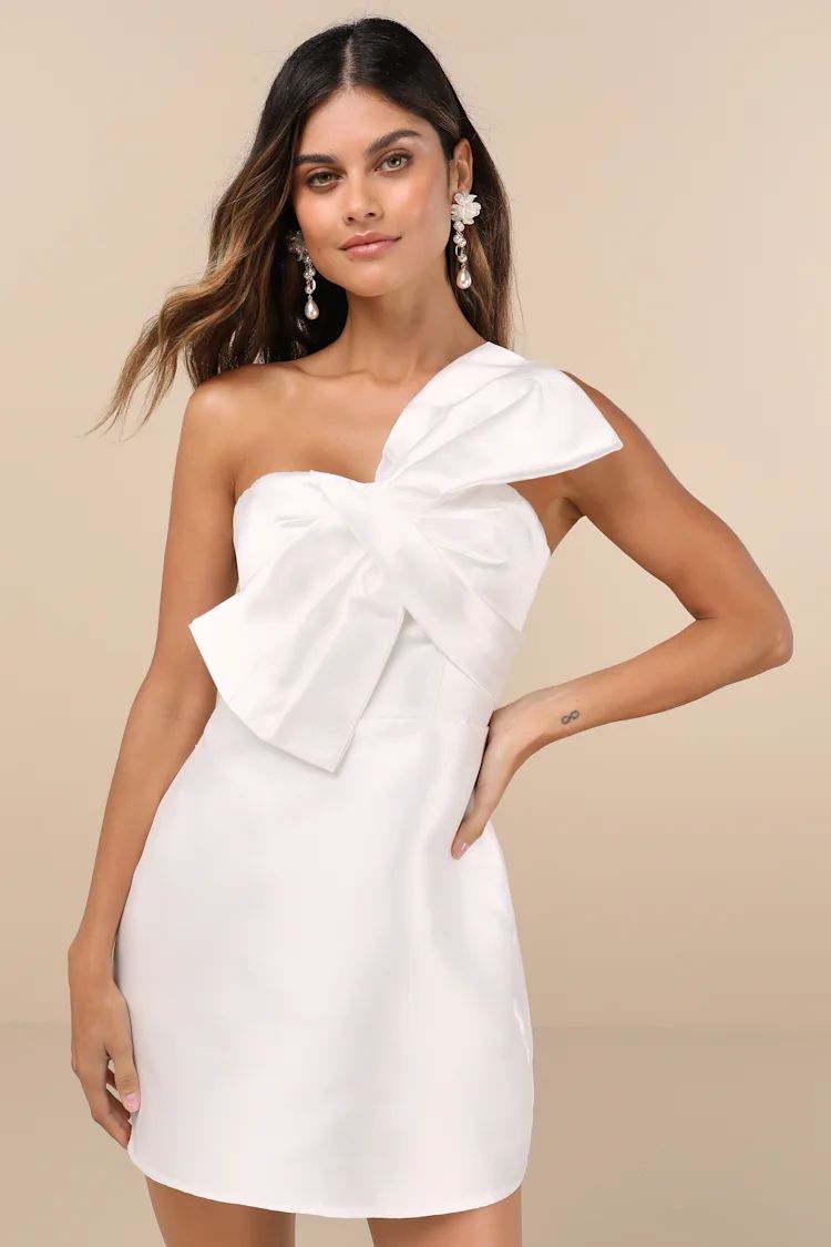 Utterly Pretty White Bow One-Shoulder Mini Dress with Pockets | Lulus