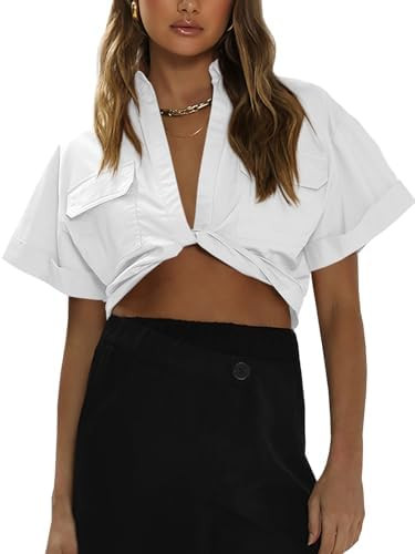Imily Bela Womens Cropped Shirts Summer V Neck Twist Front Tops Blouses with Pockets | Amazon (US)