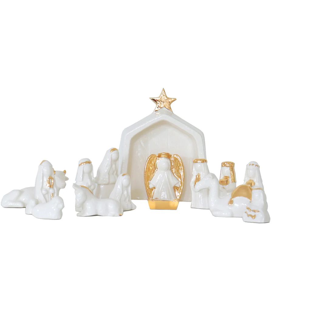 White Hand-Crafted 14 Piece Nativity Set with 22K Gold Accents | Lo Home by Lauren Haskell Designs