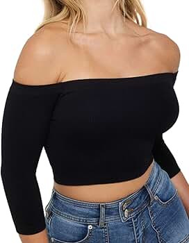 X-SNOW FALCON Women's Off Shoulder 3/4 Sleeve Top Tees Sexy Slim Fitted Ribbed Knit Crop Shirts | Amazon (US)