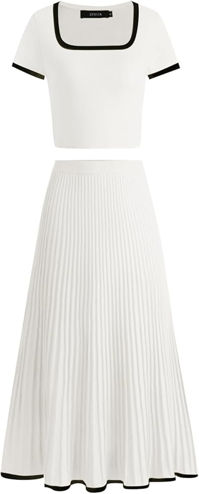 ZESICA Womens Casual Two Piece Skirt Sets Ribbed Knit Short Sleeve Crop Top and Pleated Skirts Ma... | Amazon (US)