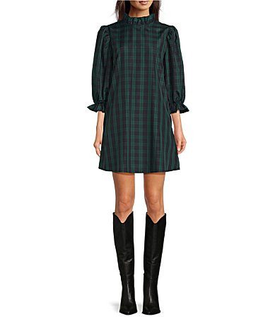 J.Marie Joyce 34 Sleeve Bow Back Ruffle Mock Neck Plaid Shift Dress - XS | Dillard's