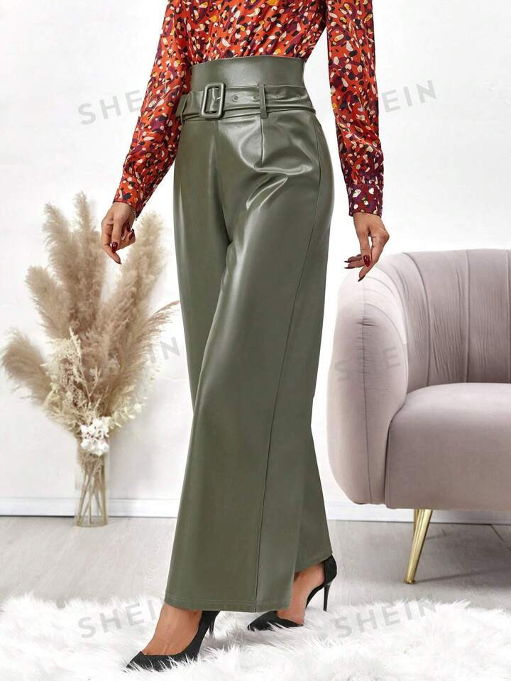 SHEIN Clasi Ultra High Waist Belted PU Leather Wide Leg Pants | SHEIN