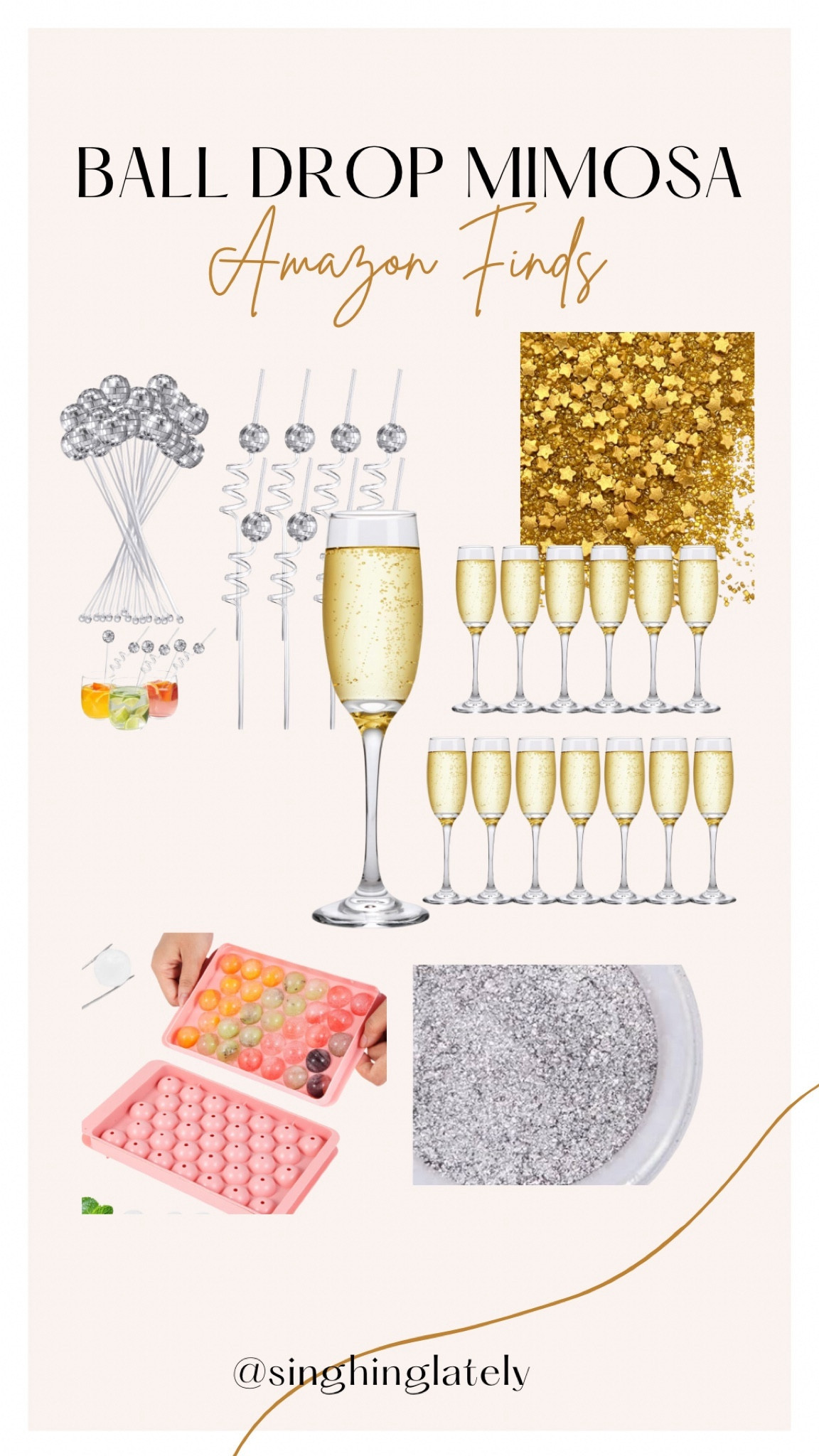 Festive ball drop mimosa for NYE. I’ll be doing silver oj cubes with the gold star & sprinkle rim 

How: 
- Freeze oj cubes
- Dip & cover frozen cubes in edible glitter/dust
-Drop in champagne or Prosecco 
Optional: add sprinkles on rim

Amazon finds, new year party, cocktails, holiday drinks 

#LTKparties #LTKSeasonal #LTKHoliday