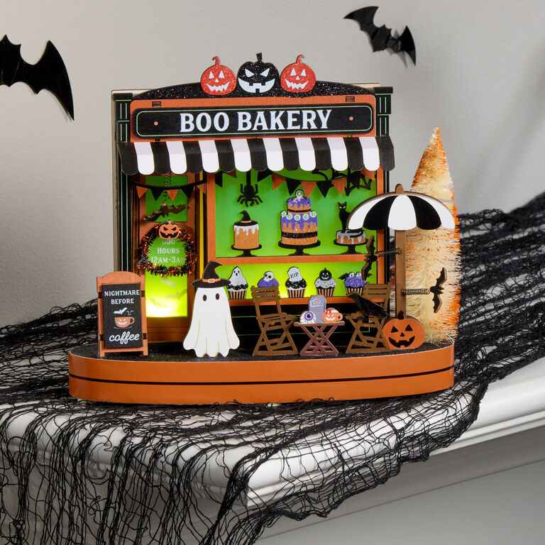 Black Laser Cut Wood Boo Bakery LED Light Up Decor with Timer | World Market