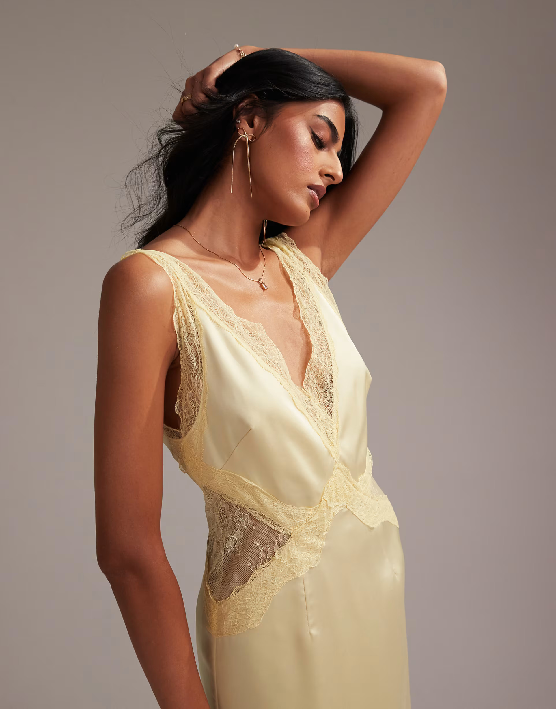 ASOS DESIGN Bridesmaids plunge neck lace detail satin column maxi dress in soft yellow | ASOS | ASOS (Global)