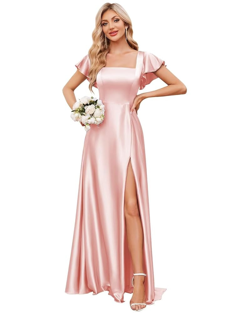 Satin Bridesmaid Dress with Slit Square Neck Prom Dresses Flutter Sleeve A Line Formal Evening Go... | Amazon (US)