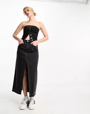 Pull&Bear denim midi skirt and bandeau set in black denim | ASOS (Global)