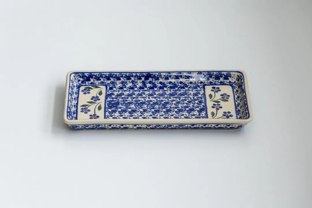 Handmade Polish pottery ceramic rectangular tray, blue and white patterned design | Etsy (US)