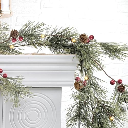 6.4 FT Artificial Cedar Garlands, Real Touch Winter Pine Garland with Red Berries, Green Greenery... | Amazon (US)