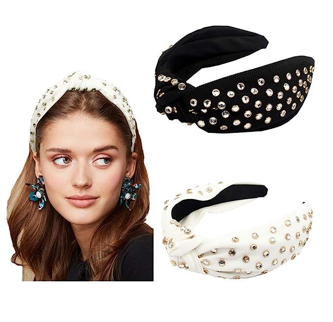 Amazon.com : Beads Embellished Headband Knotted 2 Pack Wide Band Fashion Cute Studs Hair Hoop Hea... | Amazon (US)