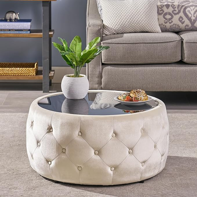 30" Round Velvet Ottoman Coffee Table, Button Tufted Coffee Table with Tempered Glass Top Modern ... | Amazon (US)