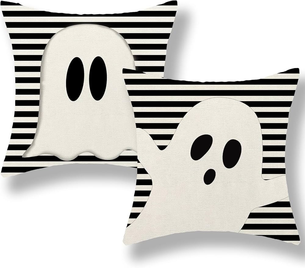 Halloween Pillow Covers 18x18 Set of 2 Black Stripes Cute White Ghost Throw Pillows Halloween Dec... | Amazon (US)