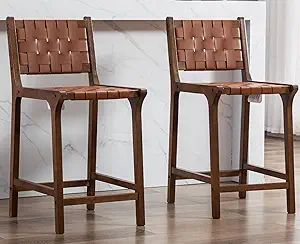 Counter Height Bar Stools 23 Inch Farmhouse Bar Stools Faux Leather Woven Straps with Wood Legs F... | Amazon (US)