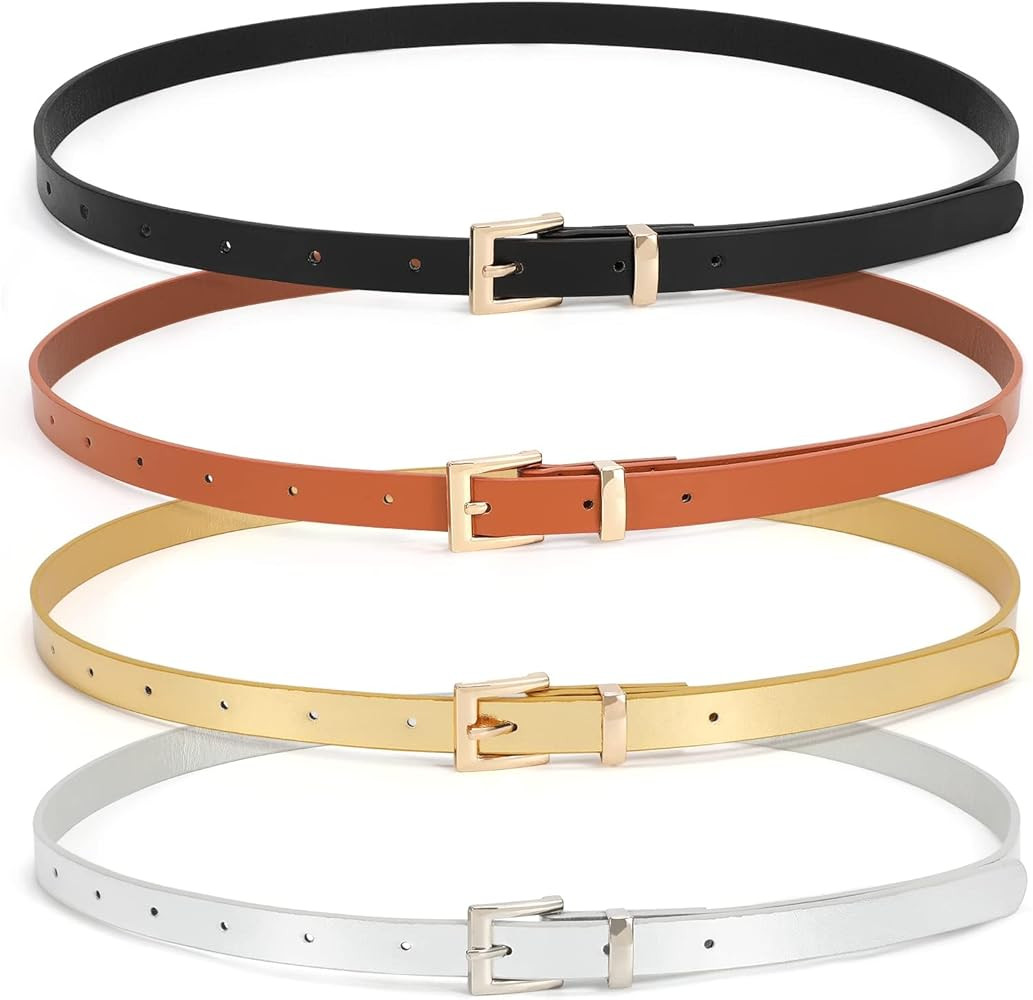 WHIPPY Set of 4 Women Skinny Leather Belt Thin Waist Belt with Metal Buckle for Pants Jeans Dre... | Amazon (US)