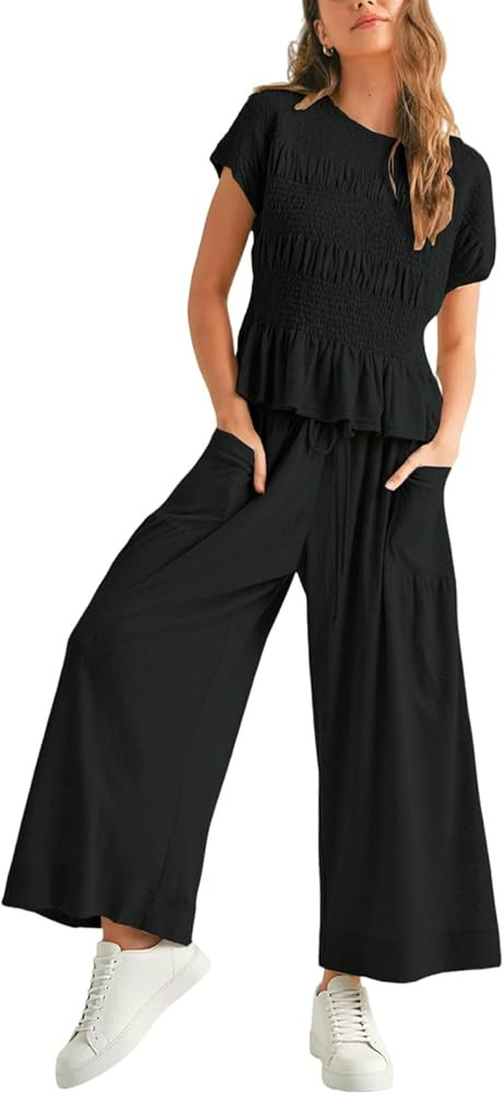 Linen Sets for Women 2 Piece Smocked Ruched Crew Neck Cap Sleeve Tee Baggy Wide Leg Pants Summer ... | Amazon (US)