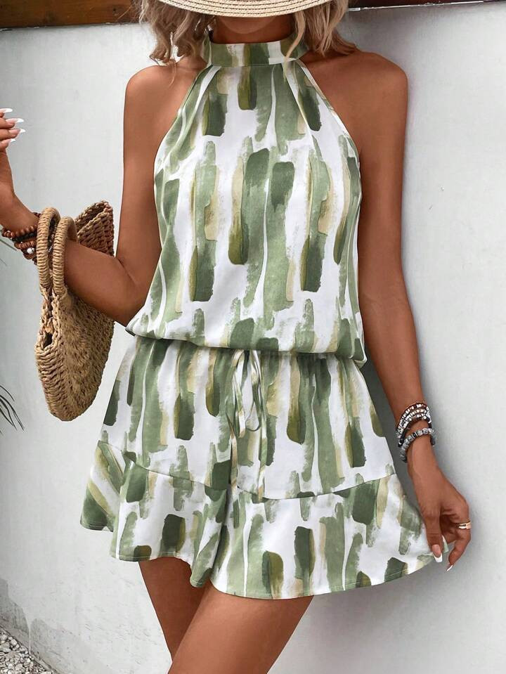 SHEIN VCAY Sping Brush Print Halter Top & Ruffle Hem Shorts | SHEIN