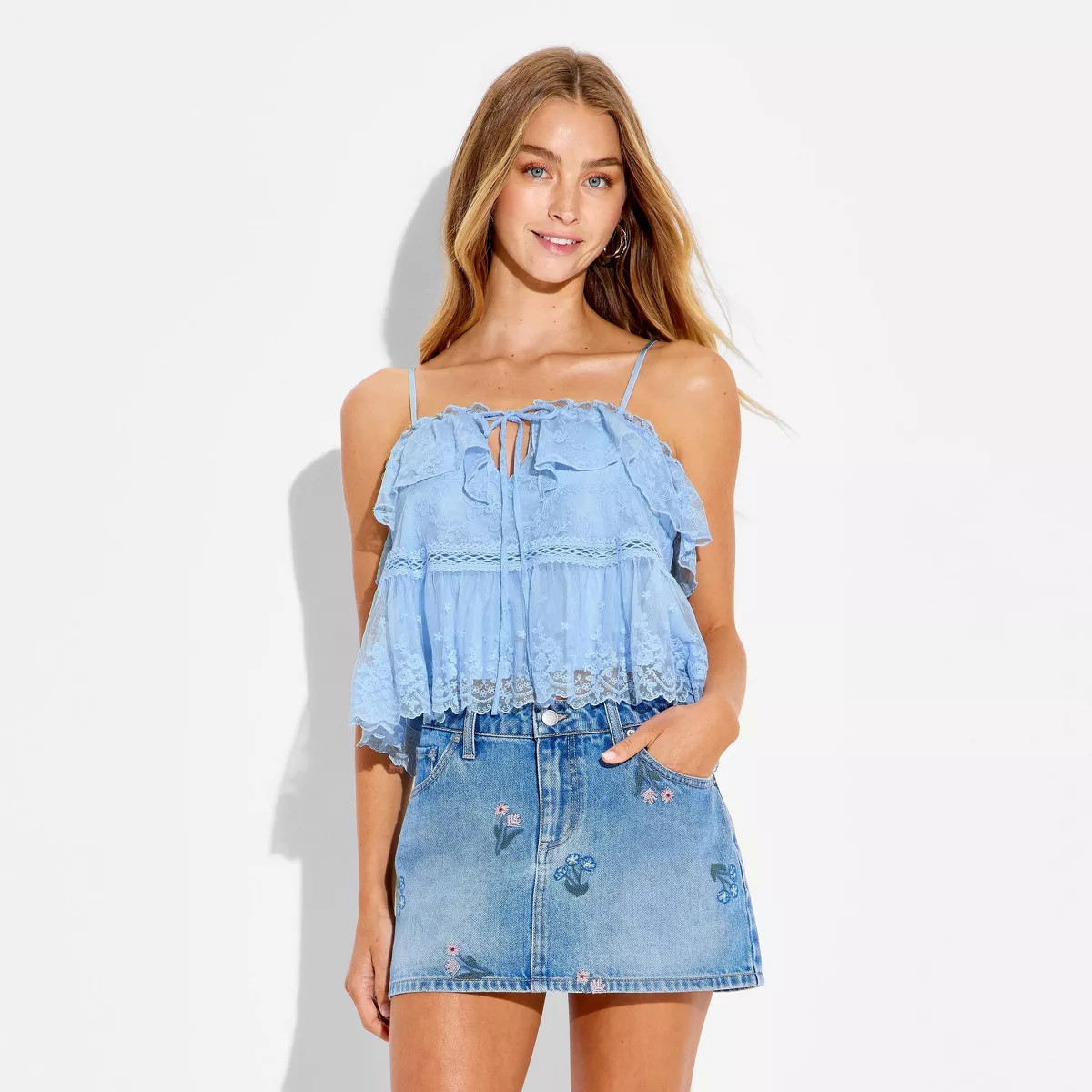 Women's Embroidered Mesh Babydoll Top - Wild Fable™ Light Blue S | Target