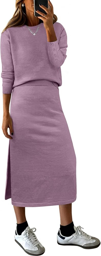 ANRABESS 2 Piece Skirts Sets For Women Fall Fashion 2025 Striped Sweater Midi Dress Knit Lounge T... | Amazon (US)