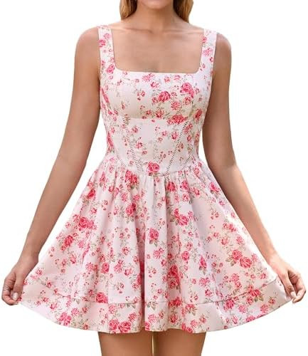 KUTUMAI Floral Corset Mini Dress Square Neck Flowy A Line Cute Graduation Short Dresses for Women... | Amazon (US)