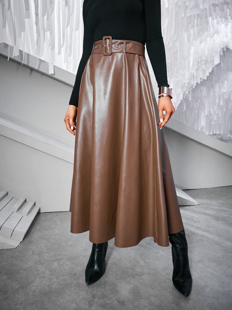 SHEIN Solid Belted PU Leather Flared Skirt | SHEIN