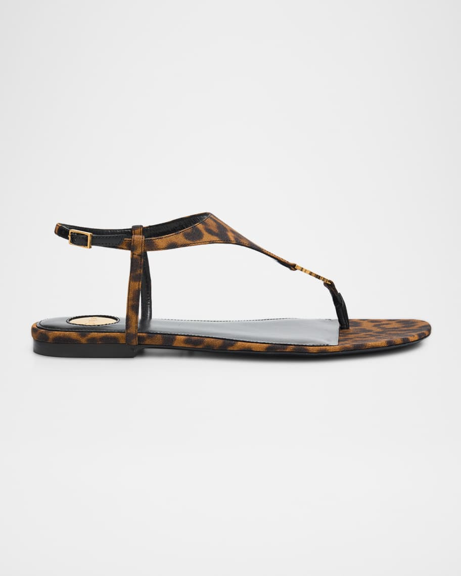 Saint Laurent Cassandre YSL Leopard-Printed Grosgrain Flat Sandals | Neiman Marcus