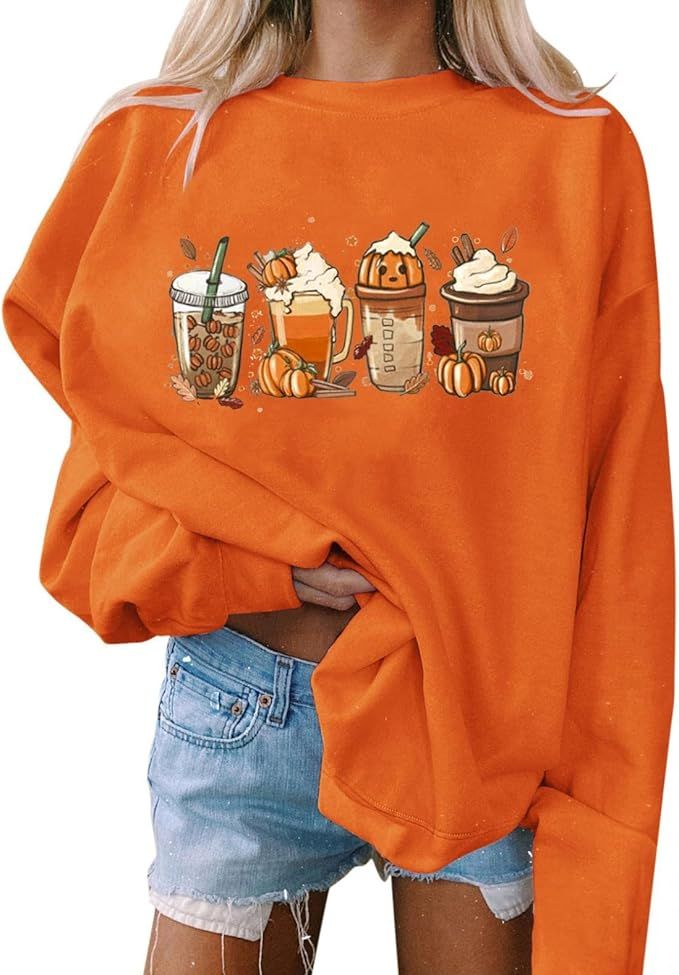 Women Halloween Pumpkin Coffee Print Sweatshirt Casual Crewneck Hoodie Loose fall tops | Amazon (US)