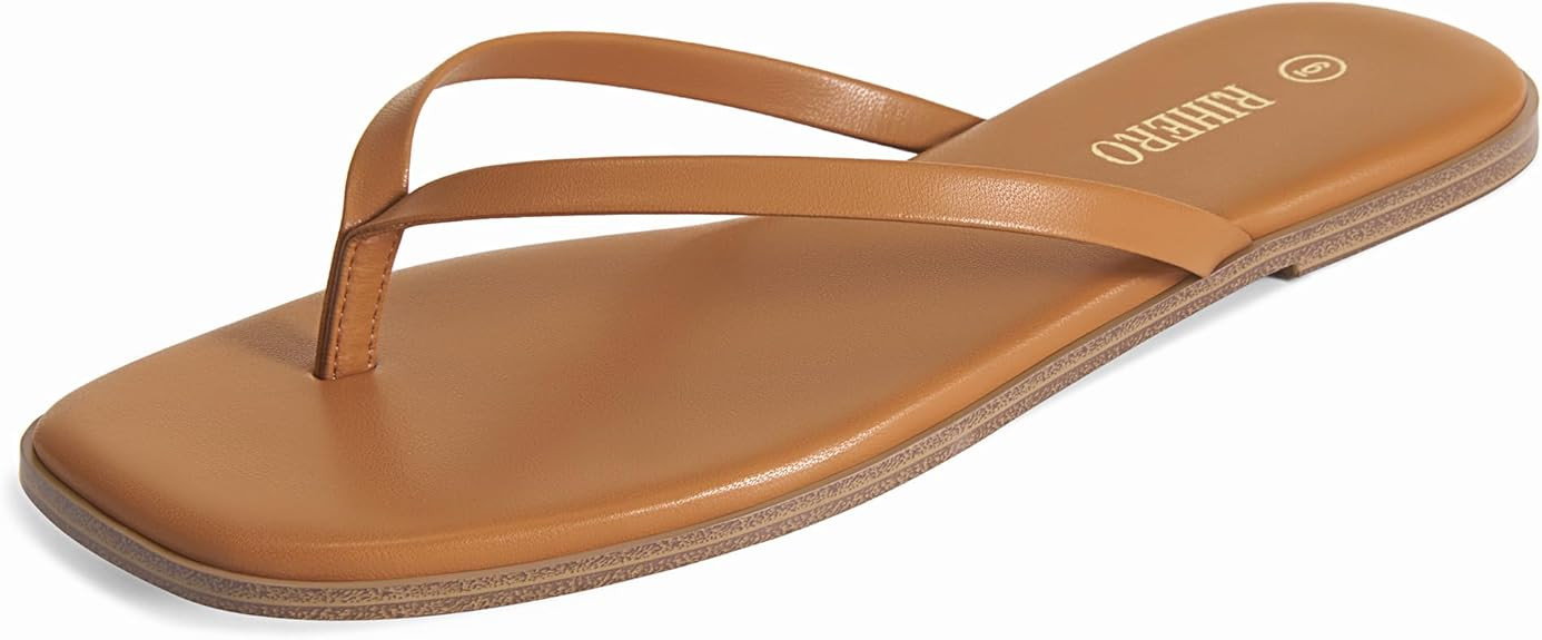 Rihero Flip Flops for Women Comfortable Square Toe Beach Sandals Slip On Leather Thong Flat Sanda... | Amazon (US)