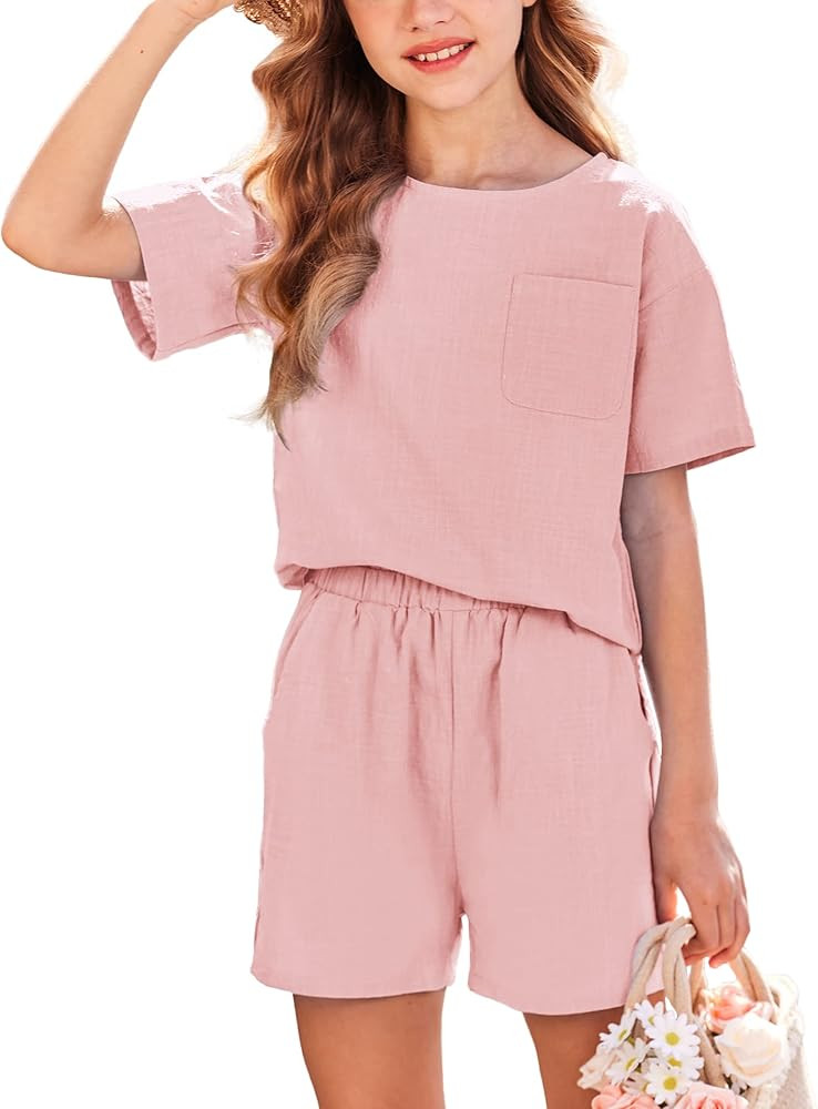 Girls Linen Outfits Summer Short Sleeve T-Shirt and Shorts Sets Summer Clothing 2 Piece Tracksuit... | Amazon (US)